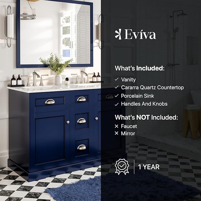 Eviva Epic 48 in. Blue Double Sink Bathroom Vanity with White Carrara Quartz Countertop