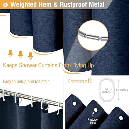 BTTN Long Fabric Shower Curtain - 72x80 Inch Linen Textured Heavy Duty Polyester Cloth Shower Curtain Set with 12 Plastic Hooks, Hotel Luxury Waterproof Modern Shower Curtains for Bathroom, Navy Blue
