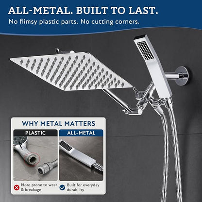 G-Promise All Metal 8" Rain Shower Head with Handheld for Bathroom Upgrade | All Metal, Built to Last, Easy Install, Adjustable Height & Angle for All Heights, Extra Long Hose, Modern Upgrade