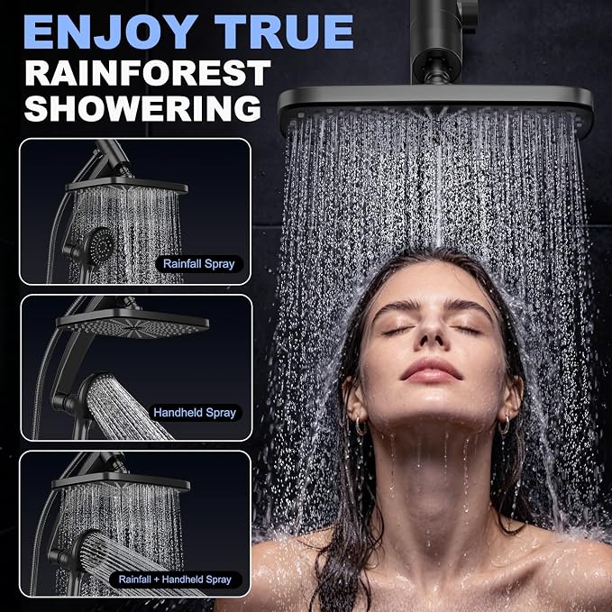 12 Inch High Pressure Rainfall Shower Head Combo,9 Settings Handheld Shower | Height/Angle Adjustable, 3 Spray Modes, Anti-leak, Built-in Magnetic Docking,Washing Jets,Holder, 59" Shower Hose, 1.75GPM