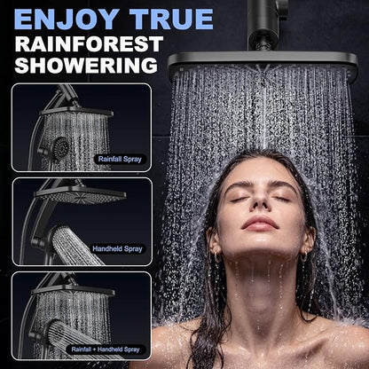 12 Inch High Pressure Rainfall Shower Head Combo,9 Settings Handheld Shower | Height/Angle Adjustable, 3 Spray Modes, Anti-leak, Built-in Magnetic Docking,Washing Jets,Holder, 59" Shower Hose, 1.75GPM