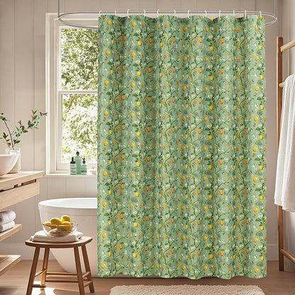 Green Floral Bird Shower Curtain, Hummingbird and Lemon Botanical Fabric Bath Curtains, Lightweight Quick-Dry Bathroom Shower Curtain Set with Hooks