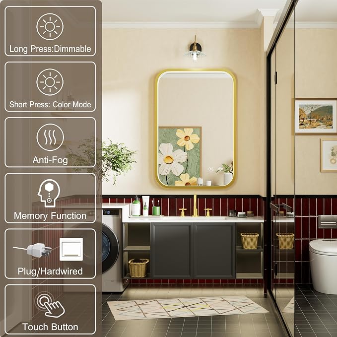 16x24 Inch Gold LED Bathroom Mirror with 3000K/4500K/6000K Lights | Stepless Dimmable, Memory Funtion, Anti-Fog, Aluminum Frame Wall Mounted Lighted Vanity Mirror, ETL Listed, IP54 Waterproof