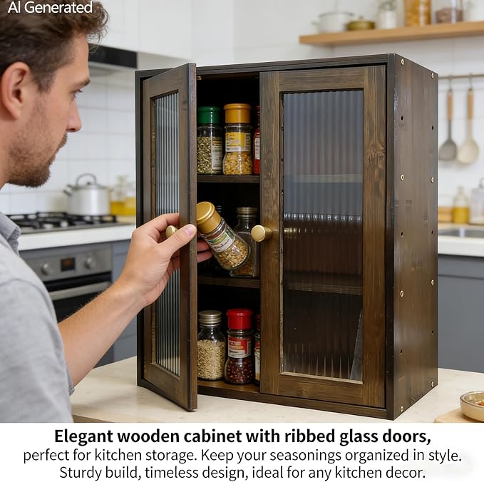 Brown Bamboo Countertop Cabinet Ribbed Glass Doors Adjustable Inner Shelves | 14.6"W×6.7"D×18.1"H magnetic double door cabinet,removable partition,for perfume essential oil kitchen pantry display storage