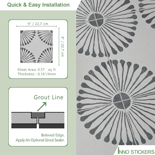 16-Sheet Peel and Stick Floor and Wall Tile, 9" x 9" Gray Stone Composite Self Adhesive Vinyl Flooring, Patterned Flower Groutable Backsplash Tile for Kitchen Bathroom Shower