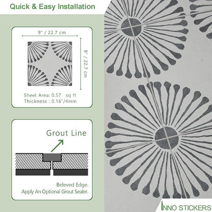 16-Sheet Peel and Stick Floor and Wall Tile, 9" x 9" Gray Stone Composite Self Adhesive Vinyl Flooring, Patterned Flower Groutable Backsplash Tile for Kitchen Bathroom Shower