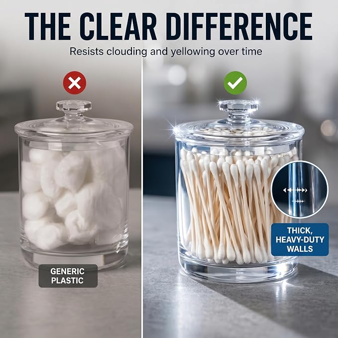 ForPro Clear Acrylic Apothecary Jars with Lids, Set of 2 Shatterproof Qtip Holder & Cotton Ball Container, 15 Oz Bathroom Vanity Organizer Canister for Kitchen & Office Decor, 4.5" x 3.5"
