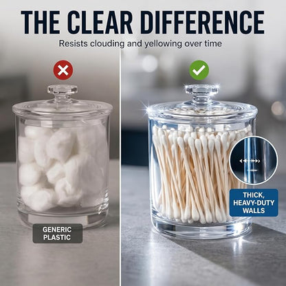 ForPro Clear Acrylic Apothecary Jars with Lids, Set of 2 Shatterproof Qtip Holder & Cotton Ball Container, 15 Oz Bathroom Vanity Organizer Canister for Kitchen & Office Decor, 4.5" x 3.5"