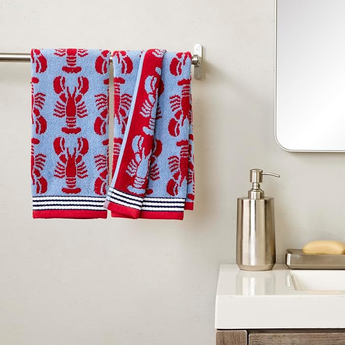 SKL Home Nautical Lobster Hand Towel Set-2pc, Reversible Jacquard, Navy | 100% Cotton. Plush & absorbent. For the bathroom, kitchen, bar or any sink space. Great for everyday & coastal/beach décor.