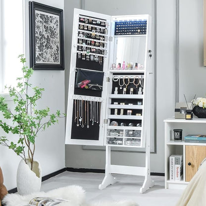 CHARMAID Jewelry Armoire Cabinet with Full Length Mirror, 6 LEDs Standing Lockable Jewelry Organizer with Vanity Makeup Mirror, 4 Storage Drawers, 4 Shelves, Lipstick Tray, 4 Angles (White)
