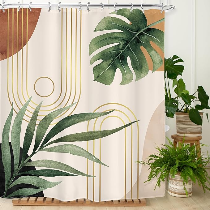 Glawry Abstract Extra Long Shower Curtain 72Wx84L Inches Tropical Leaf Mid Century Modern Geometric Contemporary Boho Bathroom Plant Botanical Bath Accessories Art Home Decor Fabric 12 Pack Hooks