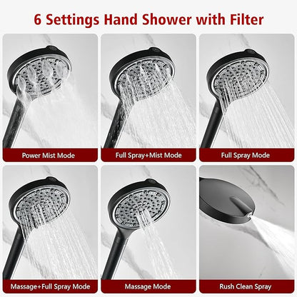 SUMERAIN Matte Black Shower System with 6-Spray Handheld Filtered Shower Head, Wall Mounted Rain Shower Faucet Set with Rough in Valve
