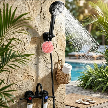 Outdoor Shower Kit Fixture Dual Handle Solid Brass 4 Inch Center Mix Valve with 59 Inch Hose and Showerhead Outdoor Shower System with ABS 6 Spray Mode Handheld Matte Black