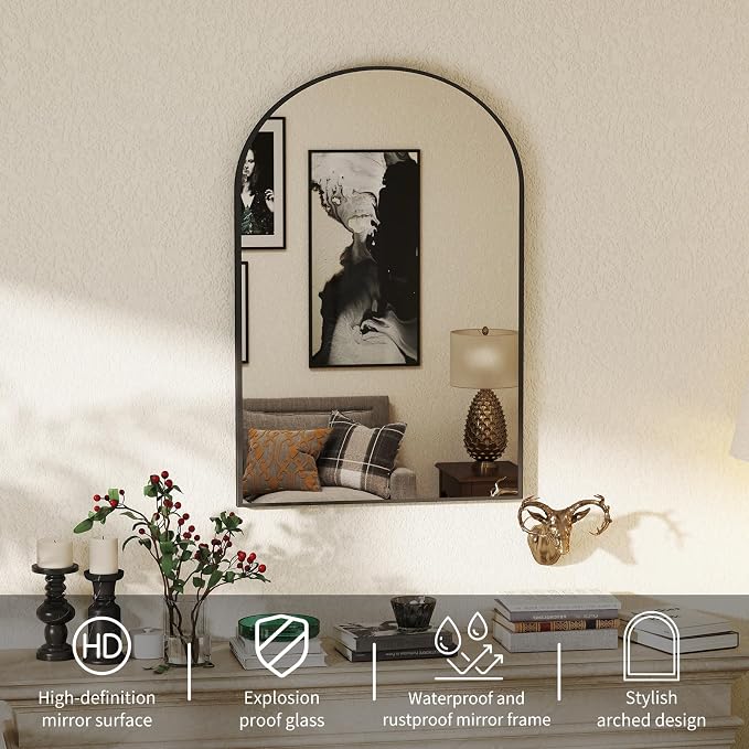 NEWBULIG 26"X38" Arched Bathroom Mirror for Over Sink, Wall Vanity Mirror | Tempered Glass, Anti-Rust Arched Metal Framed, Hanging or Leaning, Farmhouse Home Decor, Black
