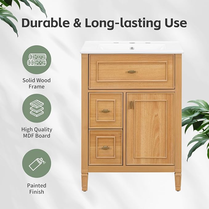 24" Modern Bathroom Vanity with Ceramic Sink, Solid Wood Frame Freestanding Storage Cabinet w/2 Drawers & Tilt-Out Drawer, Door Rack & Adjustable Shelf, Golden Metal Handles, Wood