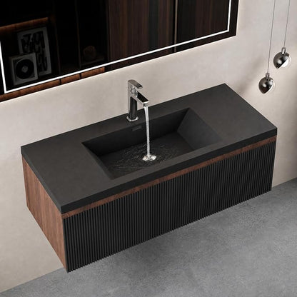 Floating Bathroom Vanity, 48" Wall Mounted Bathroom Cabinet with Matte Black Quartz Sand Sink, U-Shaped Soft-Close Drawer & Door, Pre-Assembled Striped Storage Vanity for Bathroom, Walnut&Black