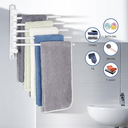 Swivel Towel Rack, 12.6 Inch Towel Bar with Wall Mounted 180° Rotation, 5 Arms Towel Hanger SUS 304 Stainless Steel, Space Saving for Kitchen, Bathroom, Outdoor, White