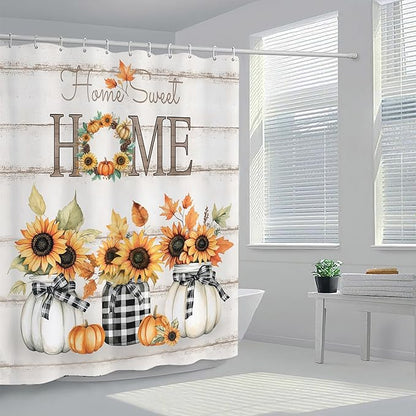 Tijuboni Fall Sunflower Pumpkin Shower Curtain, Farmhouse Home Sweet Home Bathroom Decor, Rustic Maple Leaf Waterproof Fabric Curtain for Harvest Thanksgiving Gifts 60x72 Inch