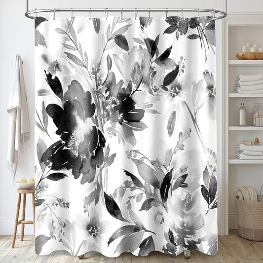Extra Long Shower Curtain 72 x 84 Inch, Tall Black and White Floral Decor | Watercolor Floral Modern Abstract Flower Bathroom Fabric Shower Curtain Set with Hooks
