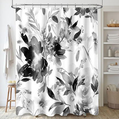 MAYZUS Black and White Watercolor Floral Shower Curtain 60x72 for Bathroom | Modern Abstract Flower Decorative Fabric Shower Curtain Set with Hooks