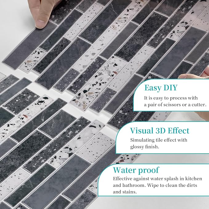 Alwayspon 10 Sheets 12" x12inch Grey Marble Terrazzo Effect Vinyl Tiles, Backsplash, Self-Adhesive Peel and Stick Wall Tile Stickers, Stick on Subway Tiles for Kitchen Bathroom Wall Decor