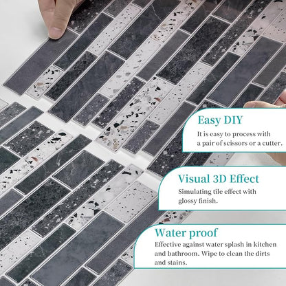 Alwayspon 10 Sheets 12" x12inch Grey Marble Terrazzo Effect Vinyl Tiles, Backsplash, Self-Adhesive Peel and Stick Wall Tile Stickers, Stick on Subway Tiles for Kitchen Bathroom Wall Decor