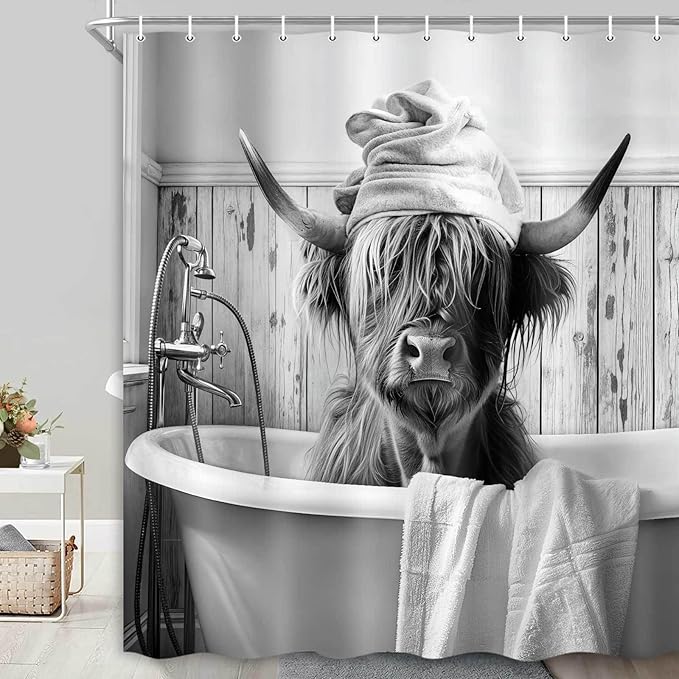 Highland Cow Shower Curtain, Funny Black & White Cow in Bathtub with Towel Rustic Bathroom Decor, Waterproof Washable Polyester Fabric, with Hooks for Farmhouse Bathroom Decorations, 72X72inch