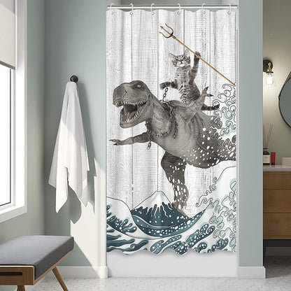 Fungarth Funny Cat Shower Curtain Dinosaur Ocean Sea Wave Shower Curtains for Bathroom Cool Waterproof Fabric Rustic Wooden Farmhouse Bath Curtain Decor (Gray1, 36” x 72”)