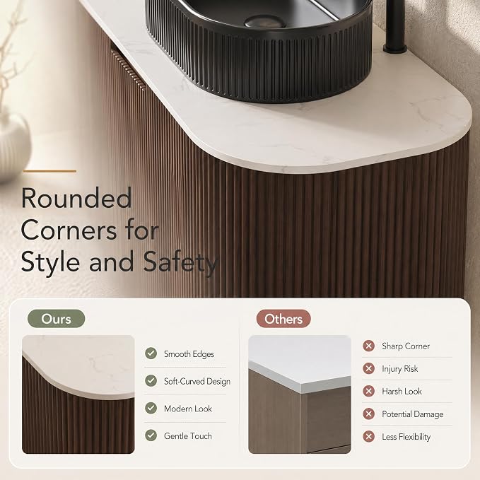 60 Inch Double Sink Bathroom Vanity, Floating Wall Mounted Cabinet, Dark Walnut Curved Fluted Front, Stone Top, Dual Black Textured Oval Vessel Basins, Pre-Assembled