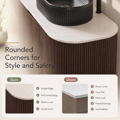 60 Inch Double Sink Bathroom Vanity, Floating Wall Mounted Cabinet, Dark Walnut Curved Fluted Front, Stone Top, Dual Black Textured Oval Vessel Basins, Pre-Assembled