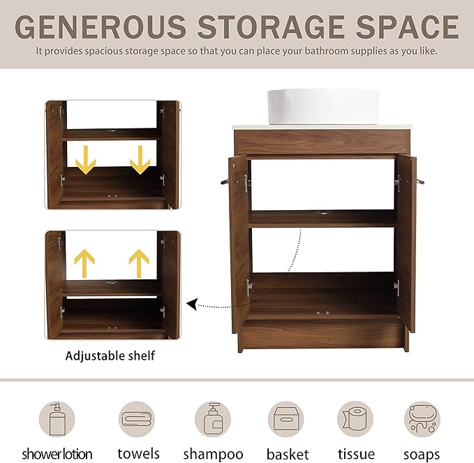 24" Bathroom Vanity, 24 Inch Freestanding Vanity with Ceramic Vessel Sink, Modern Single Sink Bathroom Vanity Combo, Brown Floor Stand Storage Cabinet Set(BRE400, 24 * 18)