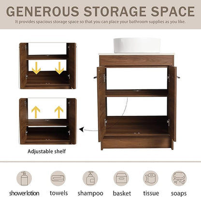 24" Bathroom Vanity, 24 Inch Freestanding Vanity with Ceramic Vessel Sink, Modern Single Sink Bathroom Vanity Combo, Brown Floor Stand Storage Cabinet Set(BRE400, 24 * 18)