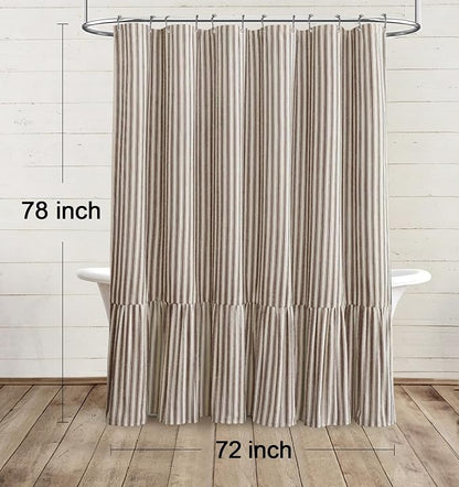 Farmhouse Shower Curtain Ruffle Linen Cream-Brown Stripe 72"W x 78"L | Farmhouse Boho, Striped, Bottom Ruffle, Linen Fabric, Rustic, Country, Natural Look, Washable, for Bathroom Bathtub