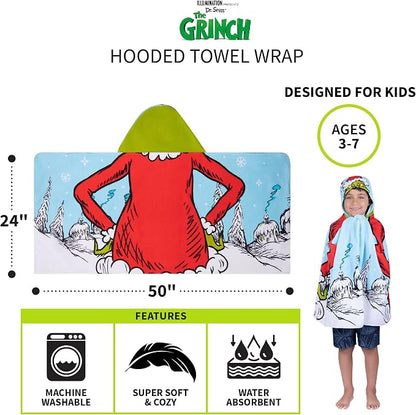 Grinch by Dr. Seuss Holiday Kids Bath/Pool/Beach Soft Cotton Terry Hooded Towel Wrap, 24 in x 50 in,(Official Dr. Seuss Product) by Franco