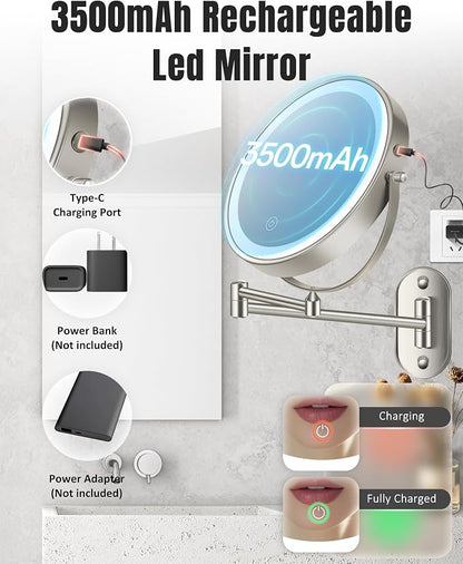 30X/1X 8 Inch Wall Mounted Magnifying Makeup Mirror with Light for Bathroom | Double Sided 3500mAh Rechargeable LED Lighted Vanity Mirror with Magnification 3 Color Light up Extended Arm 360 Rotation