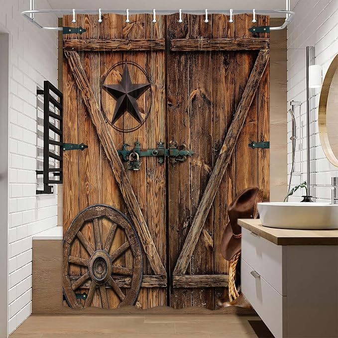 Texas Star Western Barn Door Shower Curtain Sets for Stall Cabin,Cowboy Hat Boots Wheel RV Bath Curtain, Vintage Rustic Wooden Board Farmhouse Decor Curtain with Hooks 47X64 in