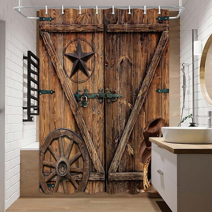 Texas Star Western Barn Door Shower Curtain Sets for Stall Cabin,Cowboy Hat Boots Wheel RV Bath Curtain, Vintage Rustic Wooden Board Farmhouse Decor Curtain with Hooks 36X70IN