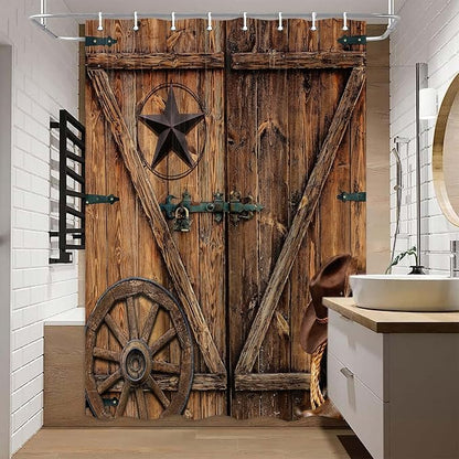 Texas Star Western Barn Door Shower Curtain Sets for Stall Cabin,Cowboy Hat Boots Wheel RV Bath Curtain, Vintage Rustic Wooden Board Farmhouse Decor Curtain with Hooks 36X70IN