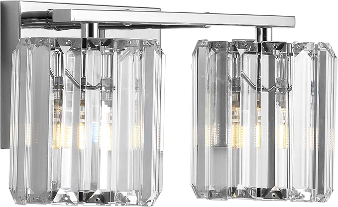JONATHAN Y 4.75" Chrome 2-Light Vintage Glam LED Vanity Light Wall Sconce Fixture with Clear Crystal Prism Shade, Hardwired Wall Lamp for Bathroom Mirror Hallway, LED Bulb Included (JYL3553A)