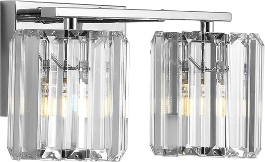 JONATHAN Y 4.75" Chrome 2-Light Vintage Glam LED Vanity Light Wall Sconce Fixture with Clear Crystal Prism Shade, Hardwired Wall Lamp for Bathroom Mirror Hallway, LED Bulb Included (JYL3553A)