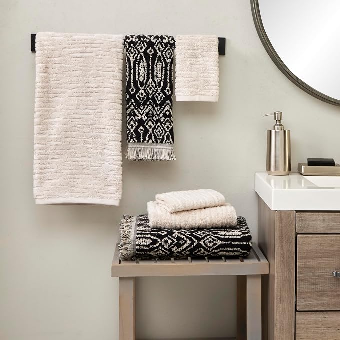 SKL Home CloudSoft/Nador Bath Towel Set-6pc, 100% Cotton, Oatmeal/Black | 2 Bath towels, 2 hand towels, 2 washcloths. 600 GSM. Soft & absorbent, reversible jacquard. Premium spa-level quality.