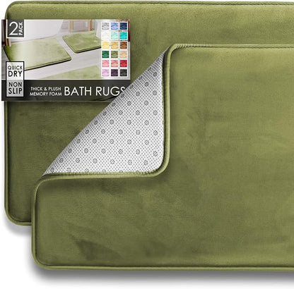 Clara Clark 2 Piece Bathroom Rugs Bath Mat Set, Velvet Memory Foam Bath Mats for Bathroom - Non-Slip, PVC Backing Bath Rugs, Washable - Dries Quickly, Green