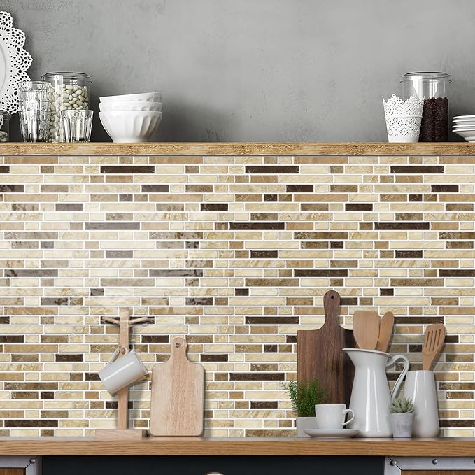 Alwayspon 10 Sheets 12" x12inch Brown Marble Effect Vinyl Tiles, Backsplash, Self-Adhesive Peel and Stick Wall Tile Stickers, Stick on Subway Tiles for Kitchen Bathroom Wall Decor