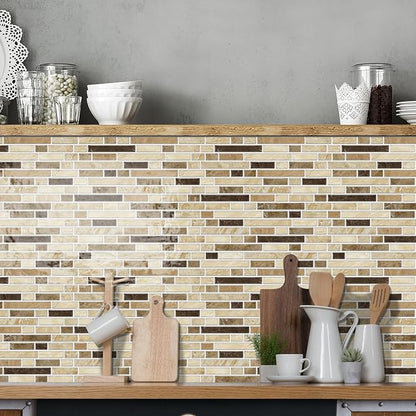 Alwayspon 10 Sheets 12" x12inch Brown Marble Effect Vinyl Tiles, Backsplash, Self-Adhesive Peel and Stick Wall Tile Stickers, Stick on Subway Tiles for Kitchen Bathroom Wall Decor
