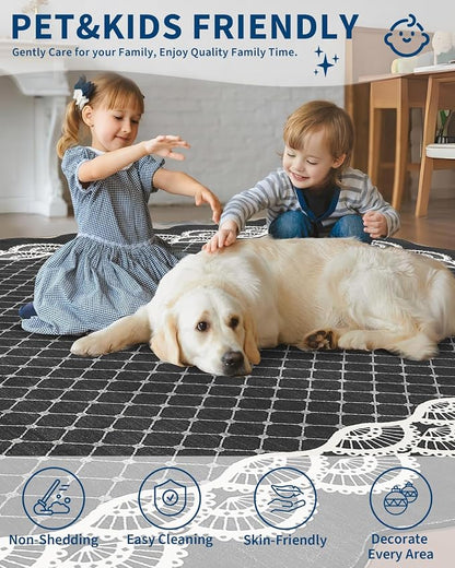 GarveeHome Hallway Black Rug 2x6 Washable Scalloped Runner Rugs for Kitchen Bathroom Non-Slip Modern Bordered Bedside Rug, Non-Shedding Scalloped Carpet Runners for Laundry Room, Entryway, Black