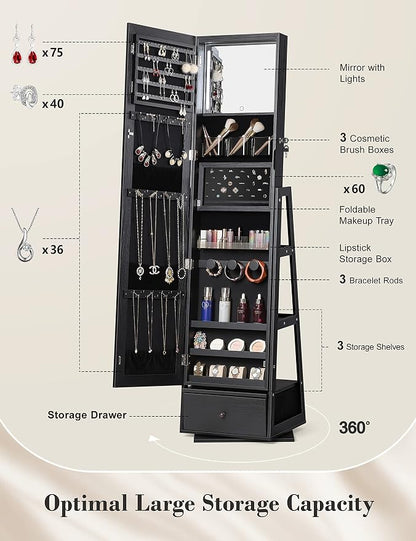 Nicetree 360° Swivel Jewelry Cabinet with Lights, Full Length Mirror, Black | Standing Mirror Jewelry Cabinet, Lockable Mirror with Storage, Lighted Interior Mirror, Rear Shelves, Flip-over Shelf
