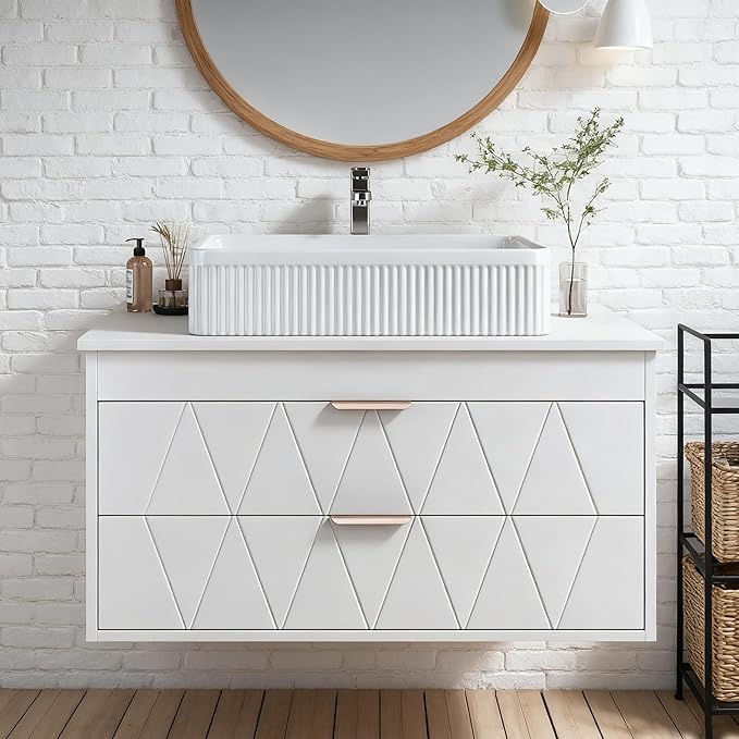32 inch Bathroom Vanity with Vessel Sink, Wall Mounted Bathroom Cabinet with 2 Soft Closing Drawers, Rose Gold Handle, Solid Wood Countertop, Floating Modern Bathroom Vanity for Small Space, White