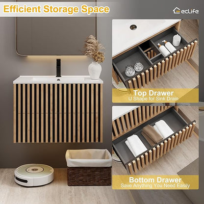eclife 30" Floating Bathroom Vanity with Sink Combo, Modern Wall Mounted Cabinet with 2 Fluted Drawers, Undermount Sink, Faucet, Drain, Mixed Natural