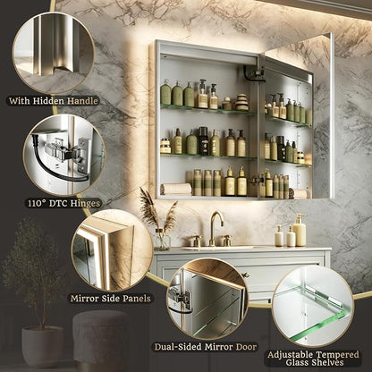 24x32 Lighted Medicine Cabinet, Separate Front & Back Lights | Surface/Recessed LED Medicine Cabinet for Bathroom with Side Mirrors, Dimmable Light, Anti-Fog, Memory,Silver Aluminum Frame