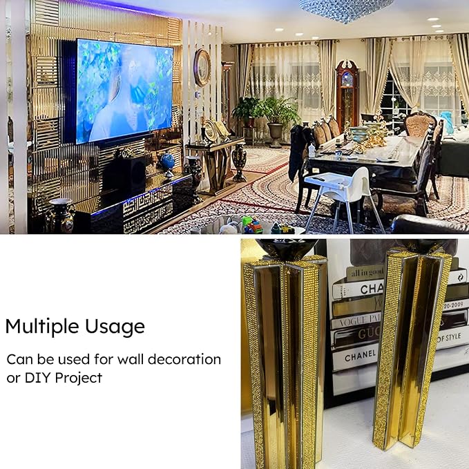 Peel and Stick Mirror Backsplash Tile, Gold, 11.8 x 11.8 Inch, Beveled Mirror Strip Tile for Kitchen Bathroom Bar Accent Wall, Pack of 5 Sheets